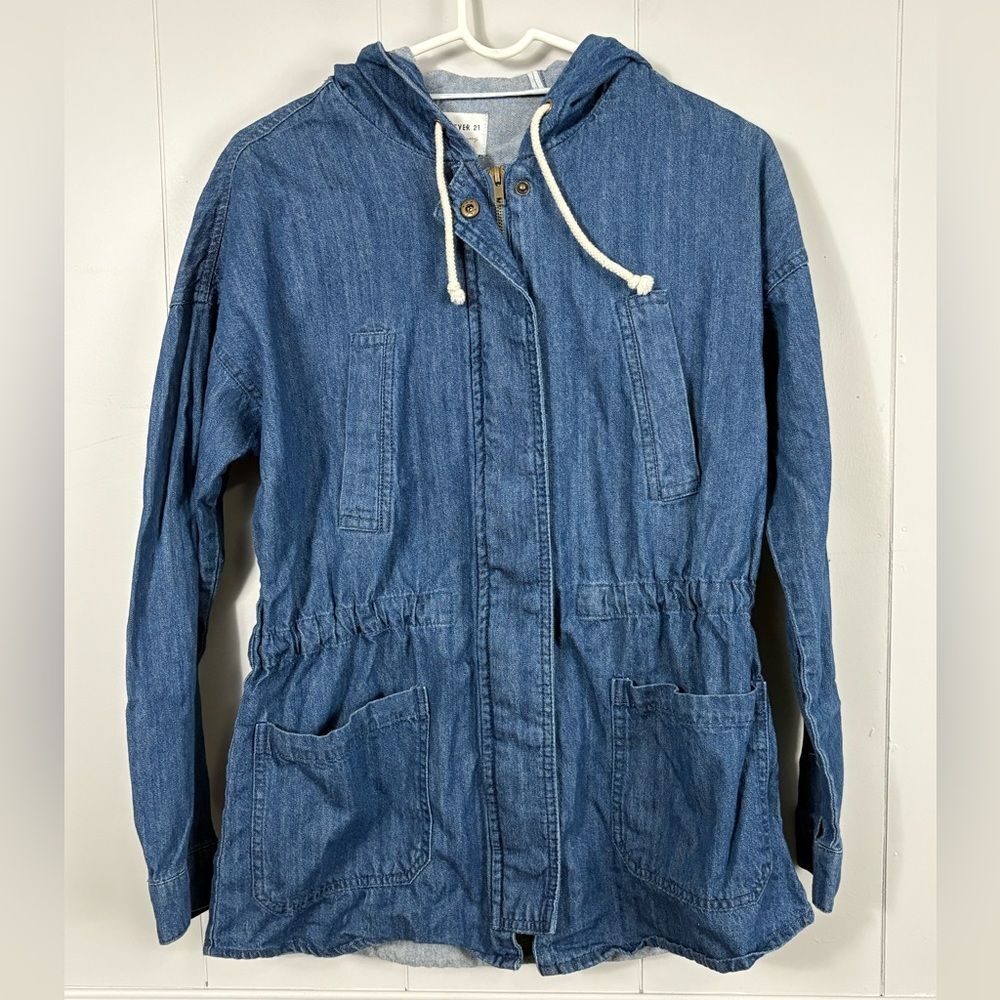 Forever 21 Contemporary Denim Hooded Jean Zipup Snap Button Jacket XS Cotton